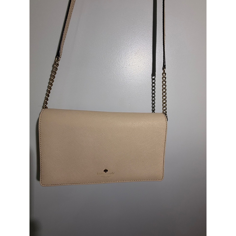 Kate Spade New York Beige Saffiano Leather Crossbody Bag Gold Chain Strap - Picture 7 of 11